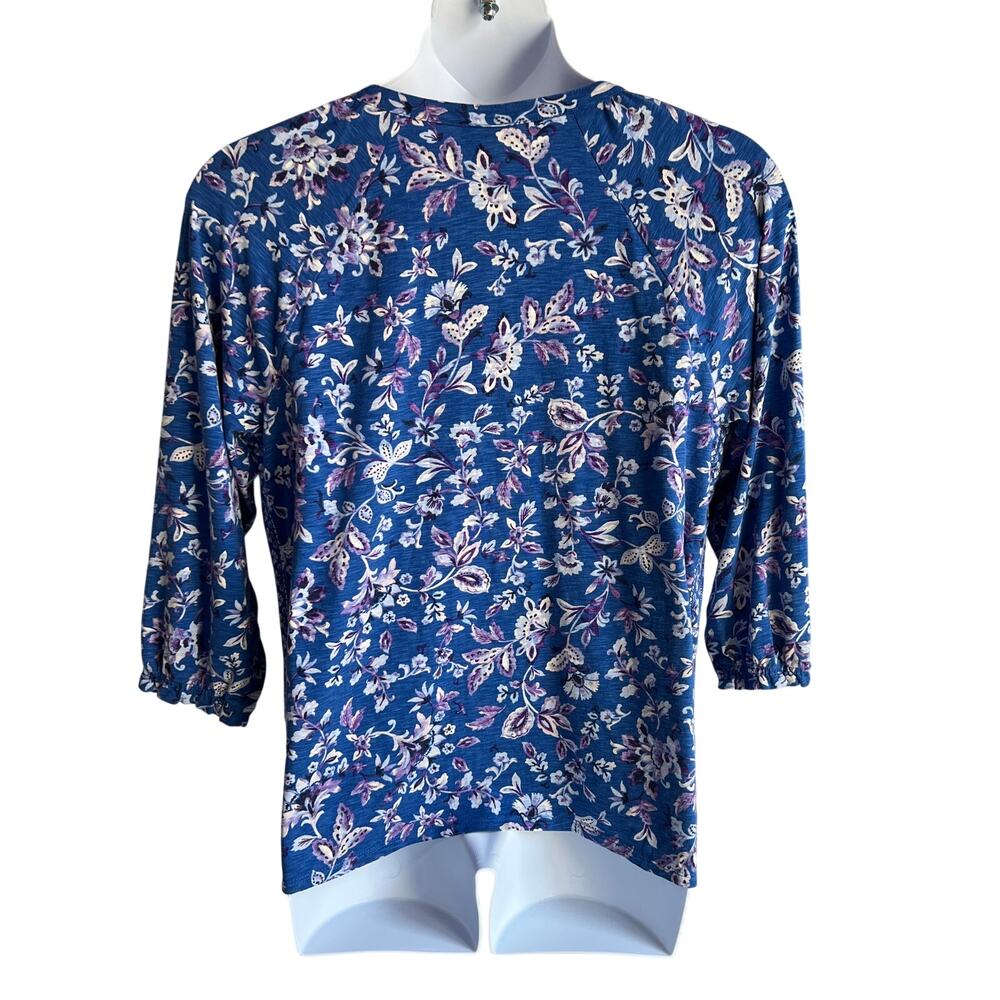 J. JILL BLUE FLORAL SPLIT V-NECK BLOUSE BOHO BORDER PRINT WOMENS LARGE TALL - Picture 3 of 11